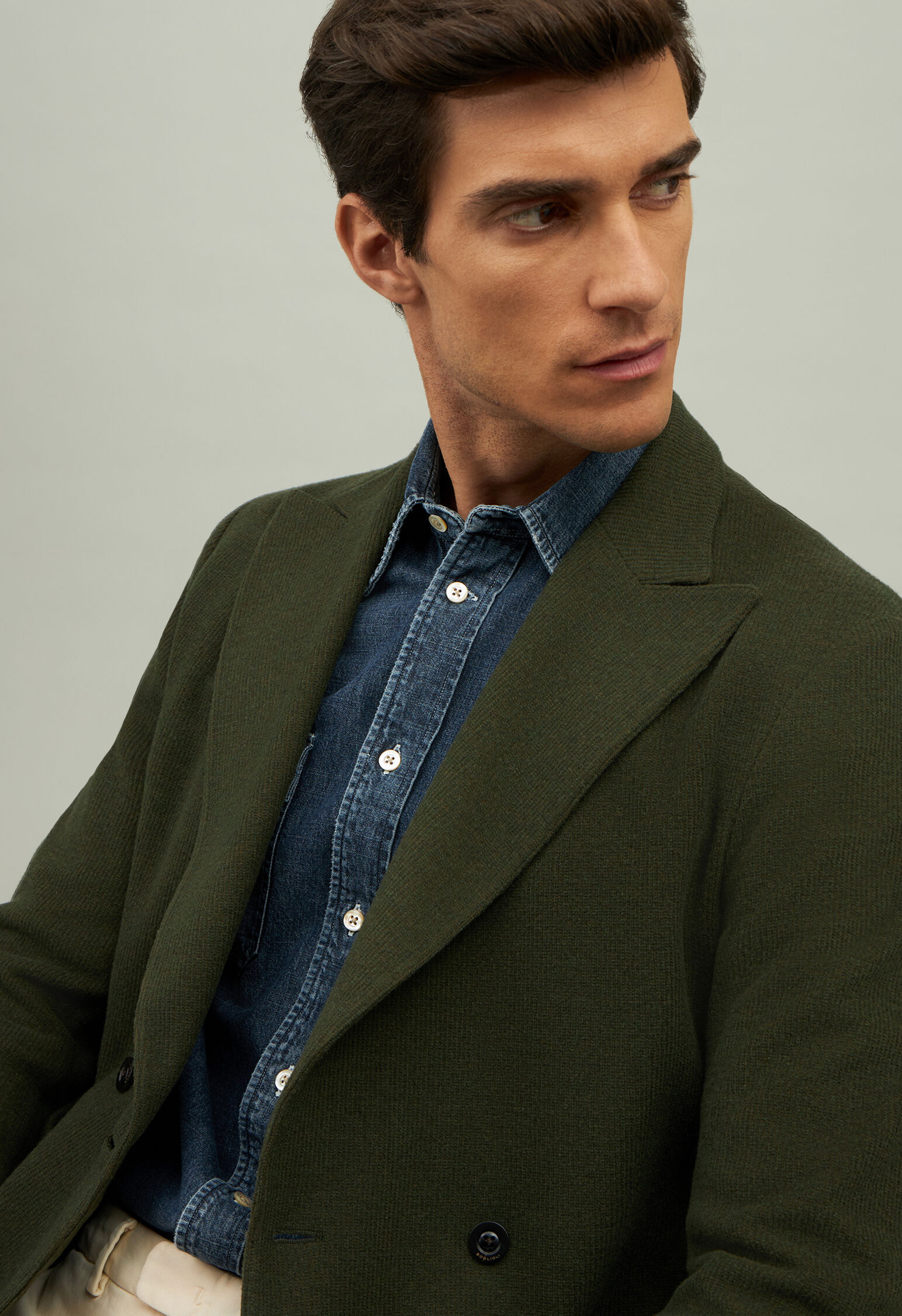 Double-breasted wool-blend jersey Jacket in Green: Luxury Italian ...